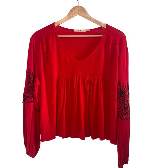 Mi Ami Red Boho Blouse XL Black Embroidered Sleeve Detail - Picture 1 of 5